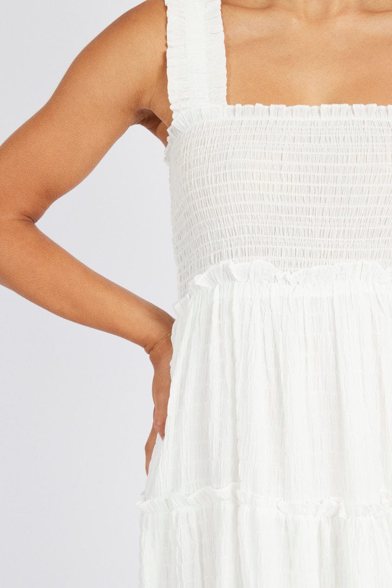 White Maxi Dress Shirred Bust Tiered