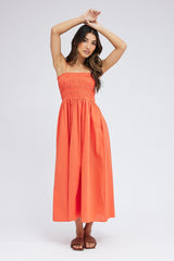 Orange Maxi Dress Shirred Bust Poplin