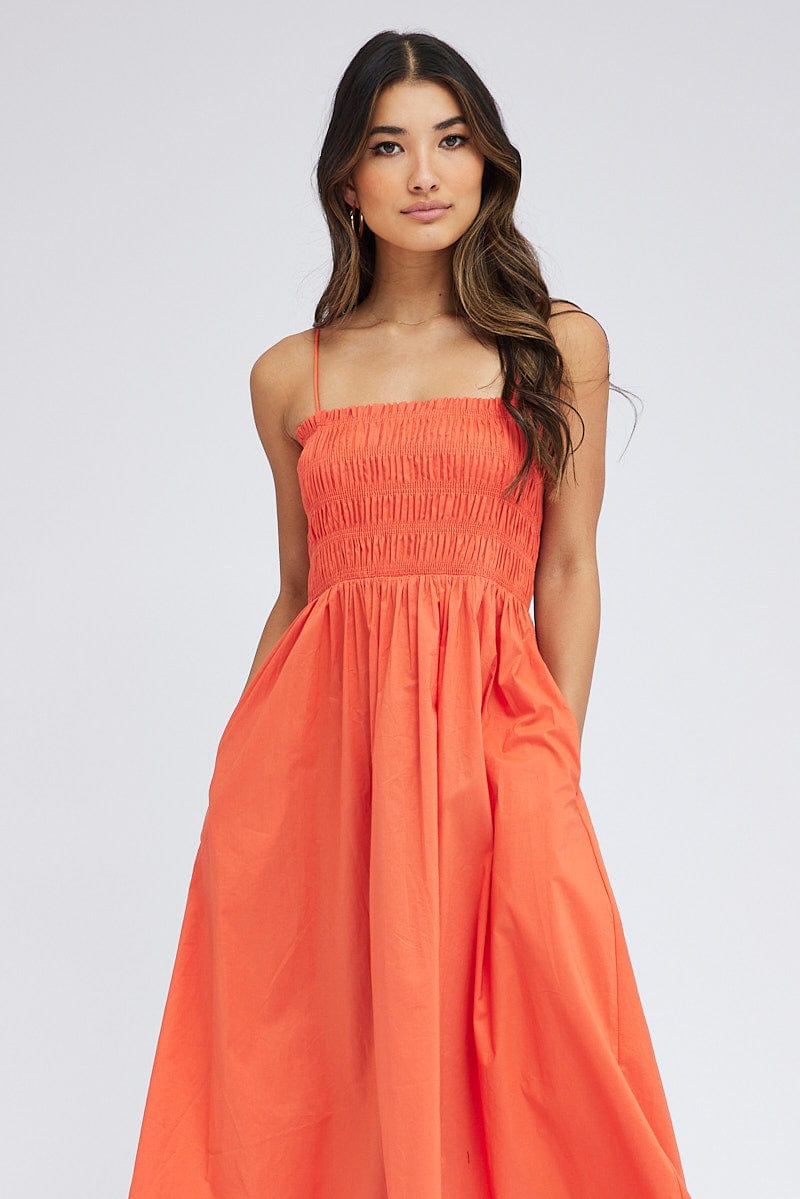 Orange Maxi Dress Shirred Bust Poplin