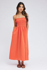 Orange Maxi Dress Shirred Bust Poplin