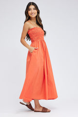 Orange Maxi Dress Shirred Bust Poplin