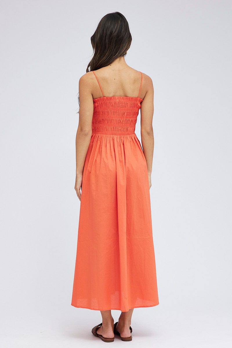 Orange Maxi Dress Shirred Bust Poplin