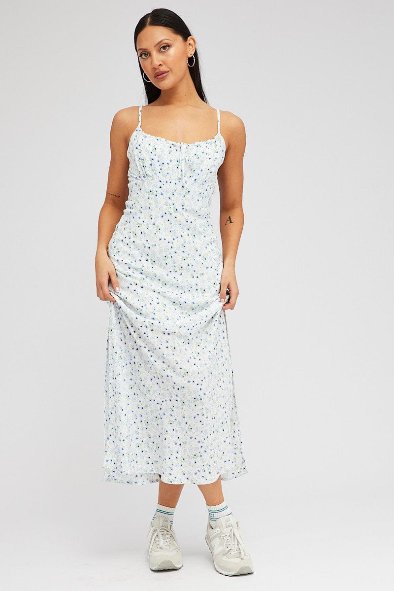 White Floral Midi Dress Gathering Bust Sleeveless