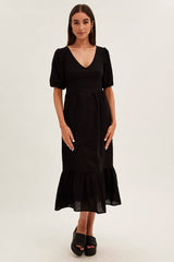 Black Maxi Dress V-Neck Short Sleeve Cotton Blend