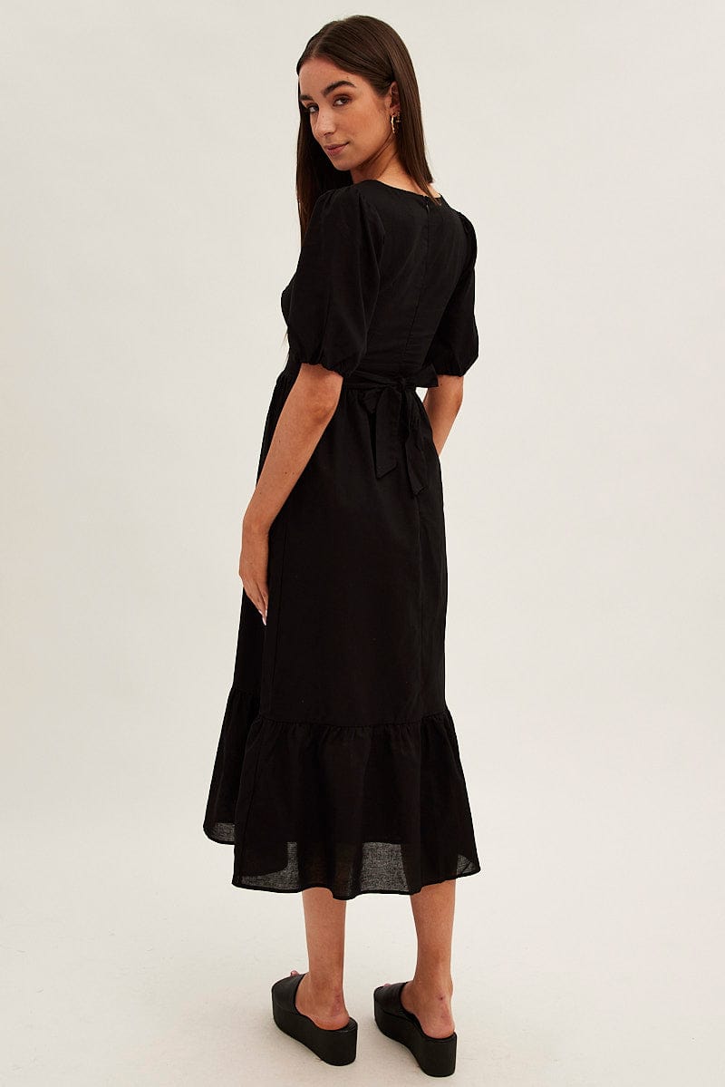 Black Maxi Dress V-Neck Short Sleeve Cotton Blend