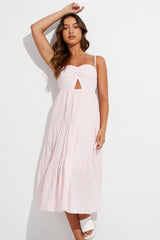 Pink Midi Dress Sleeveless Ruched Tiered