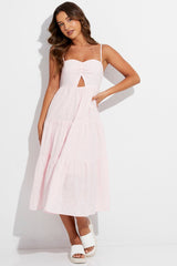 Pink Midi Dress Sleeveless Ruched Tiered