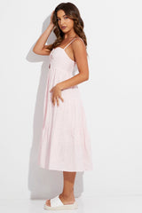 Pink Midi Dress Sleeveless Ruched Tiered