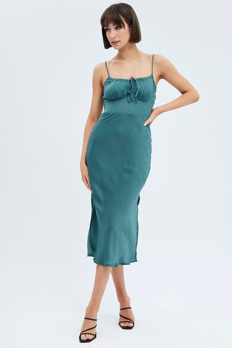 Green Maxi Dress Sleeveless Ruched Bust Satin