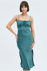 Green Maxi Dress Sleeveless Ruched Bust Satin