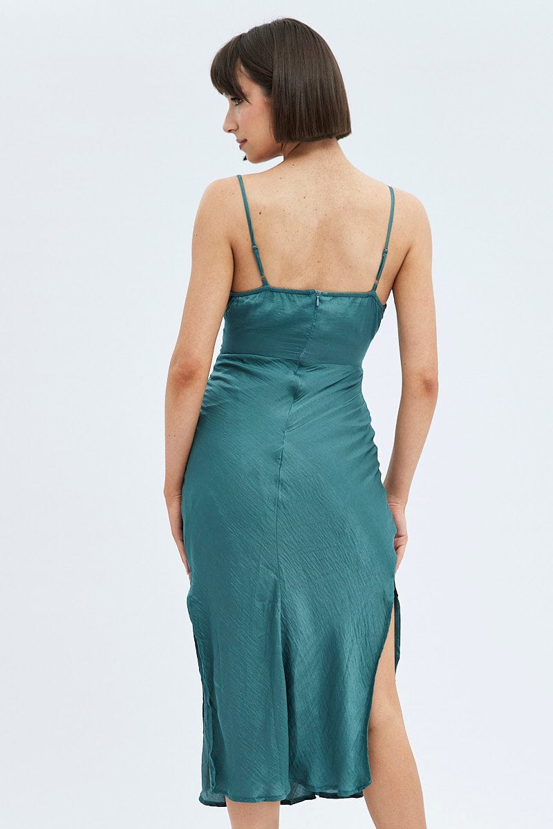 Green Maxi Dress Sleeveless Ruched Bust Satin