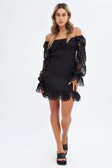 Black Embroidered Sleeves Shirred Bodycon Dress