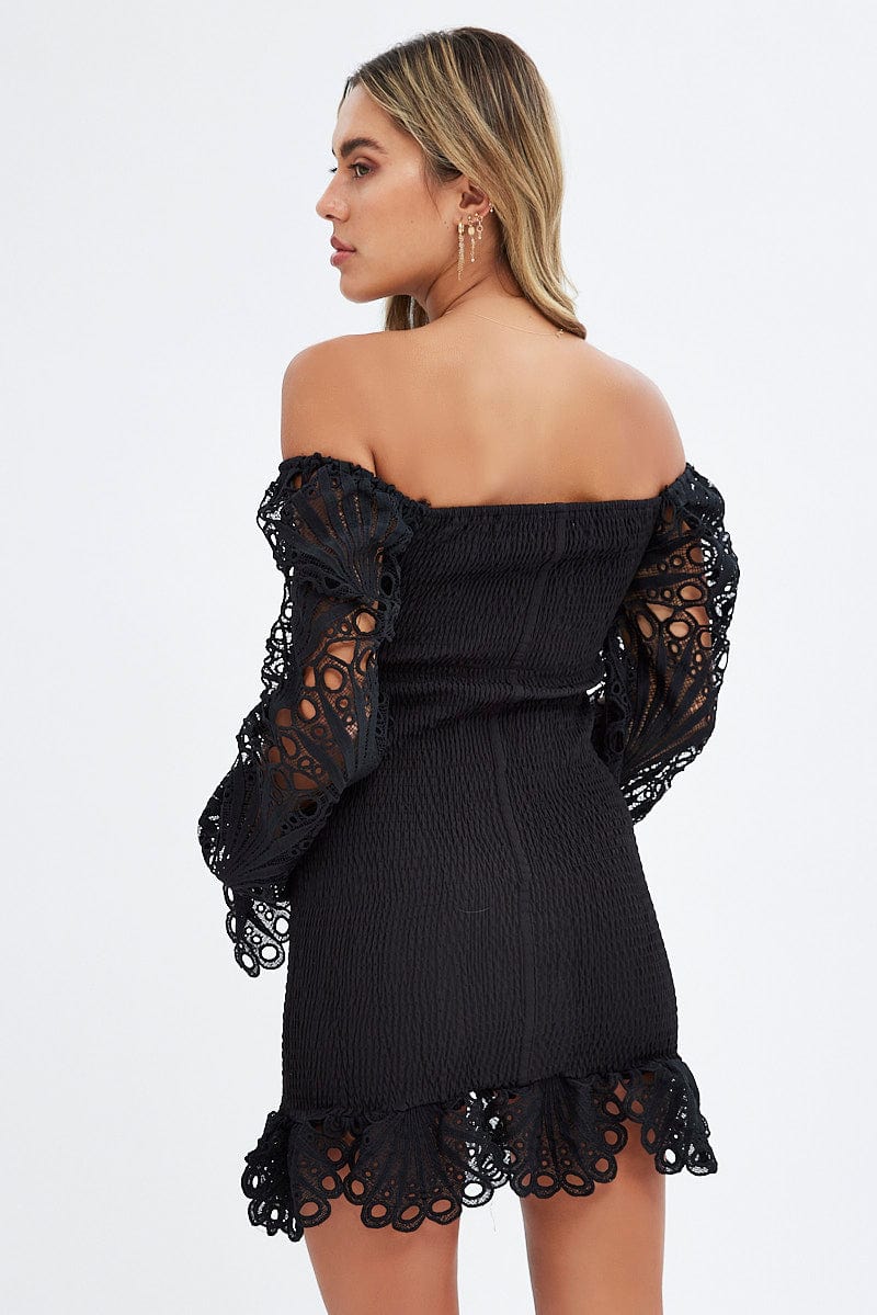 Black Embroidered Sleeves Shirred Bodycon Dress