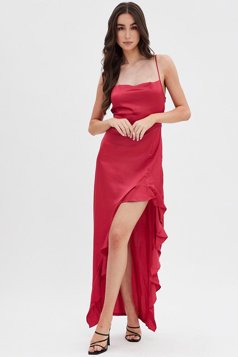 Red Ruffle Maxi Satin Cowl Neck Dress