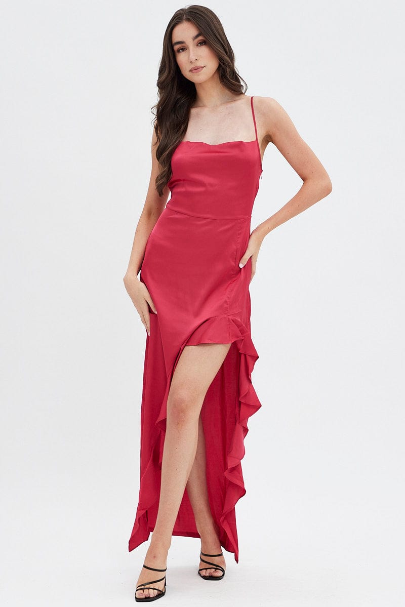 Red Ruffle Maxi Satin Cowl Neck Dress