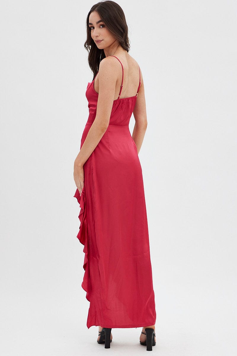 Red Ruffle Maxi Satin Cowl Neck Dress