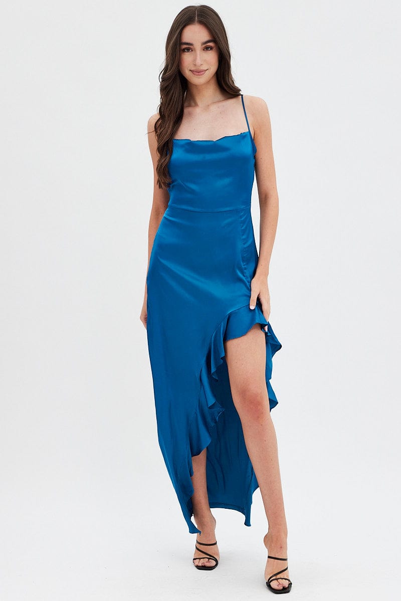 Blue Ruffle Maxi Satin Cowl Neck Dress