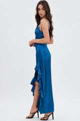 Blue Ruffle Maxi Satin Cowl Neck Dress