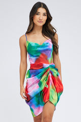 Multi Print Mini Dress Ruched Ombre Cowl Neck Satin