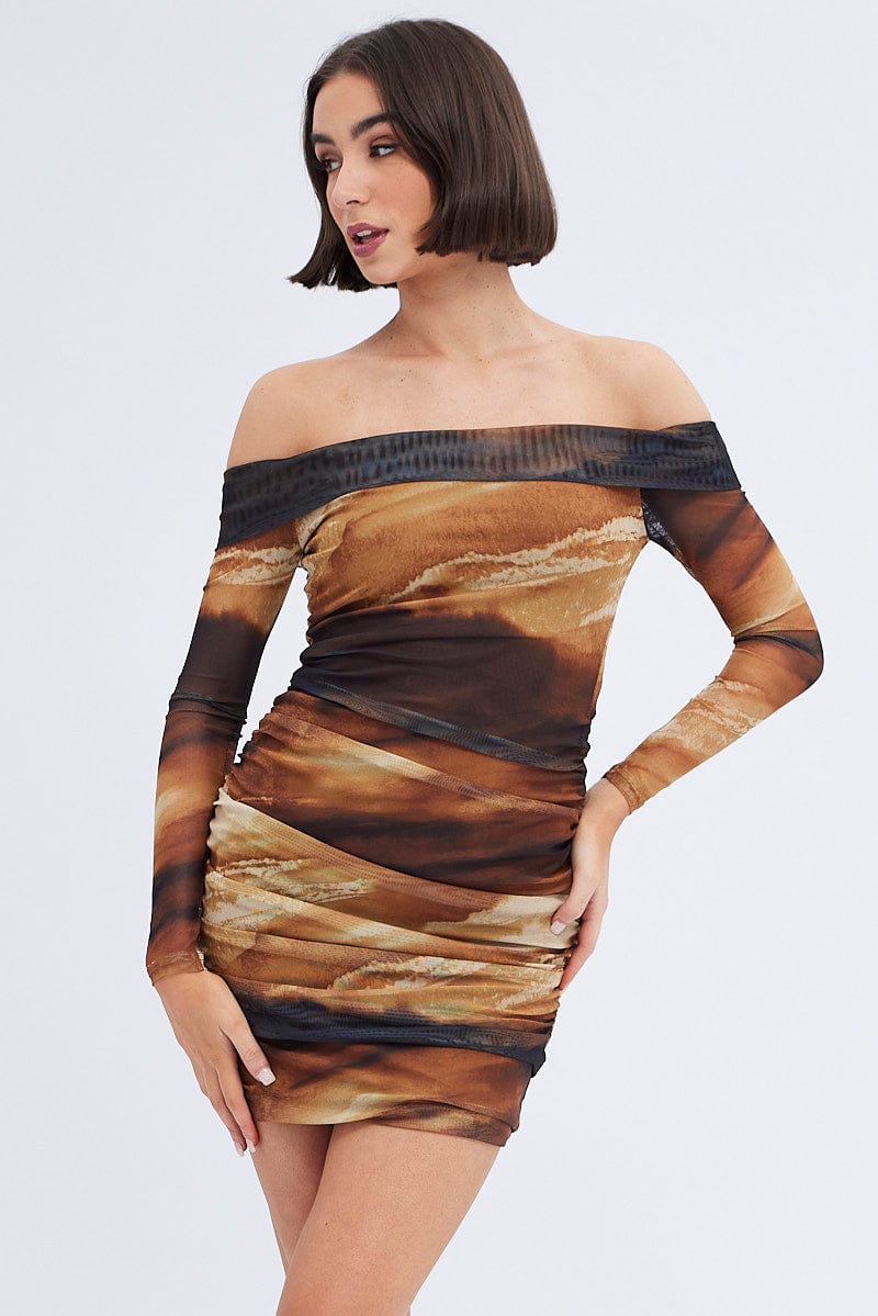 Brown Abstract Mini Dress Bardot Off Shoulder Bodycon Ruched