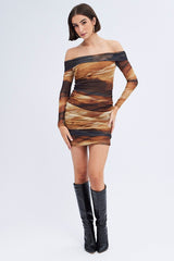 Brown Abstract Mini Dress Bardot Off Shoulder Bodycon Ruched