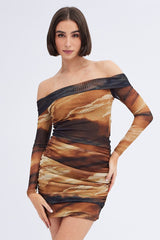 Brown Abstract Mini Dress Bardot Off Shoulder Bodycon Ruched