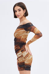 Brown Abstract Mini Dress Bardot Off Shoulder Bodycon Ruched