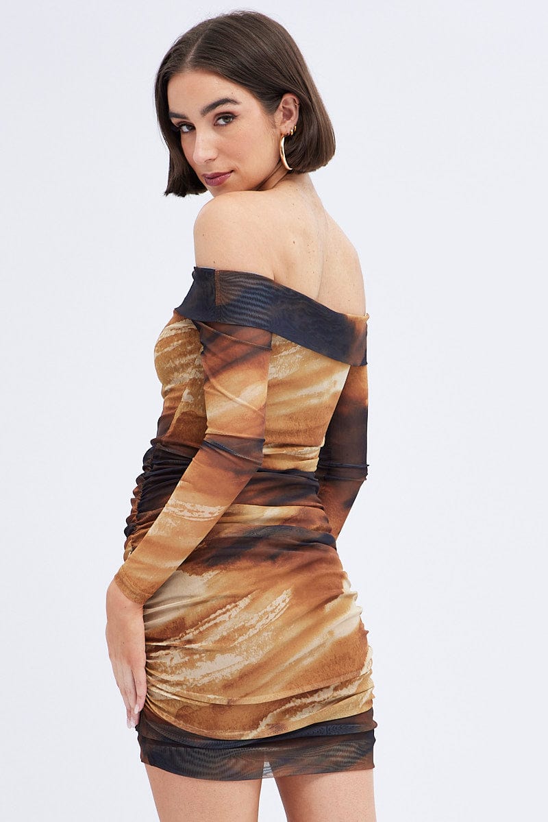 Brown Abstract Mini Dress Bardot Off Shoulder Bodycon Ruched