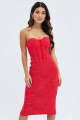 Red Textured Corset Bodycon Midi Dress