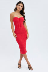 Red Textured Corset Bodycon Midi Dress