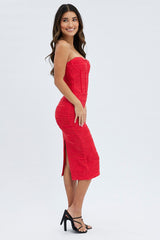 Red Textured Corset Bodycon Midi Dress