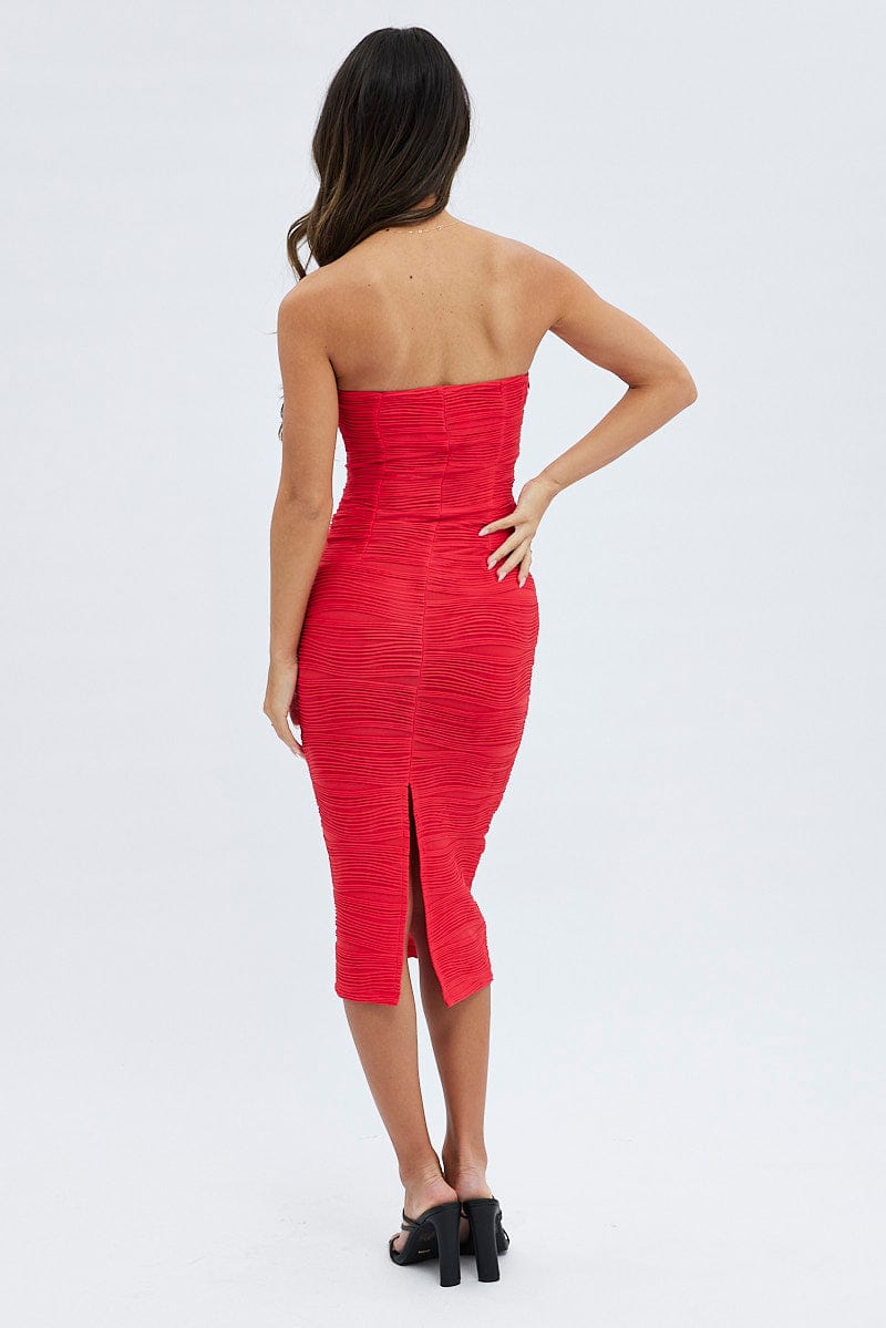 Red Textured Corset Bodycon Midi Dress