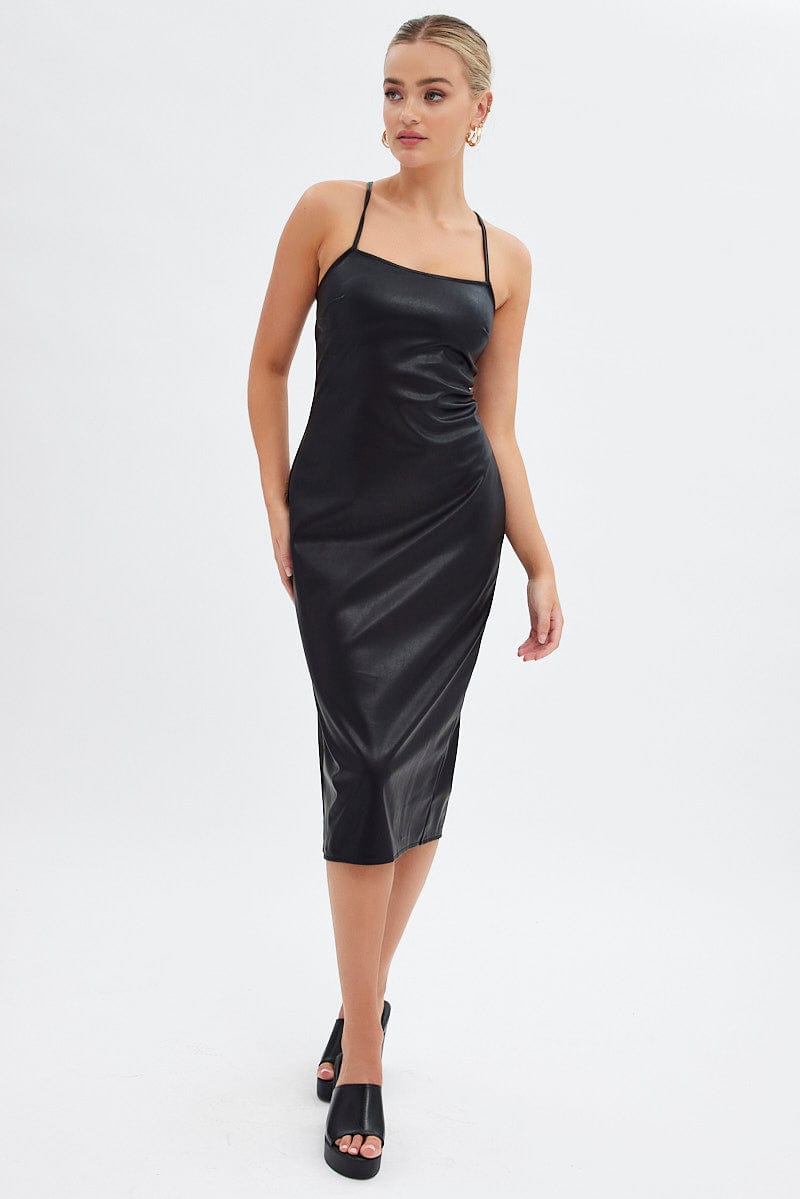 Black Faux Leather Dress Sleeveless Scoop Neck Midi