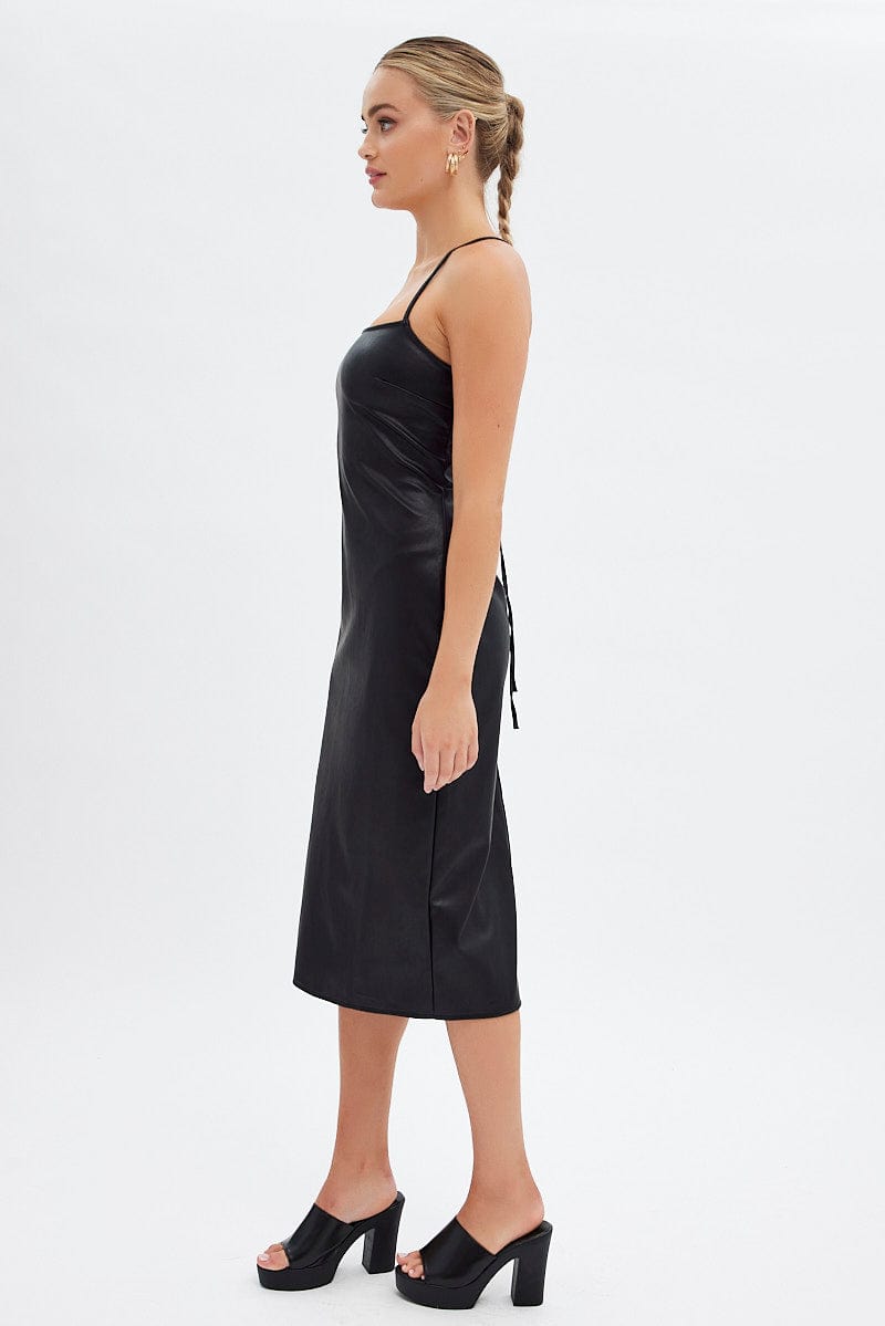 Black Faux Leather Dress Sleeveless Scoop Neck Midi