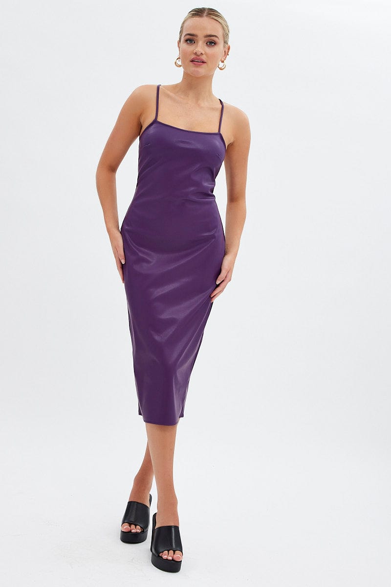 Purple Faux Leather Dress Sleeveless Scoop Neck Midi