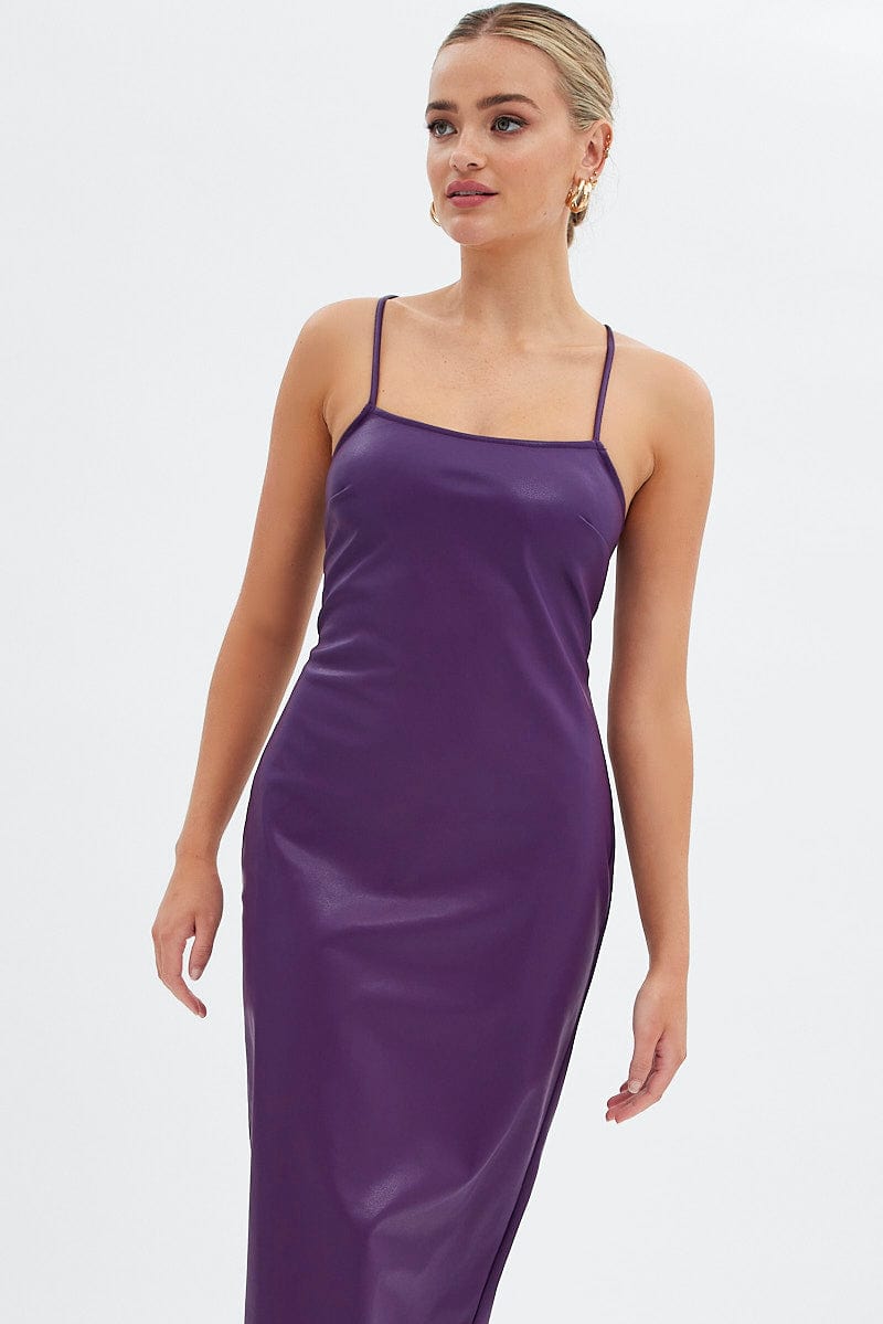 Purple Faux Leather Dress Sleeveless Scoop Neck Midi