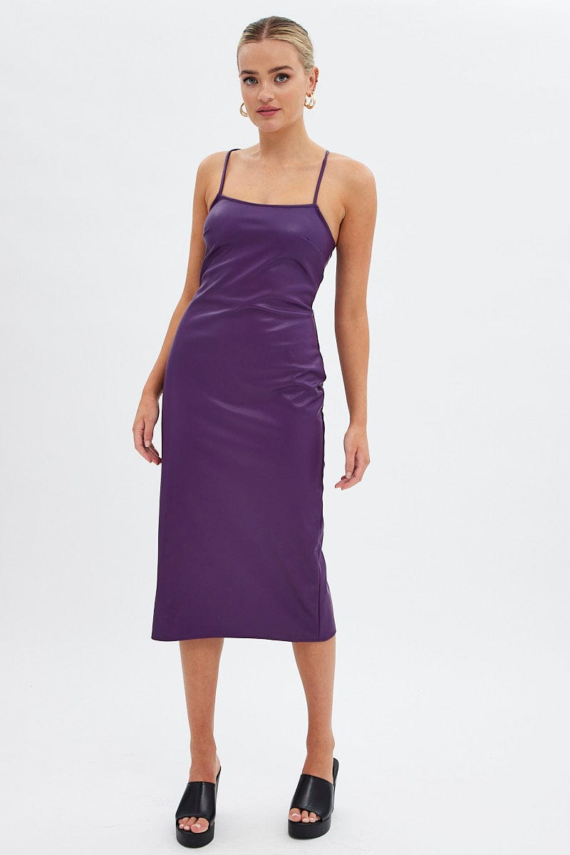 Purple Faux Leather Dress Sleeveless Scoop Neck Midi