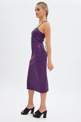 Purple Faux Leather Dress Sleeveless Scoop Neck Midi