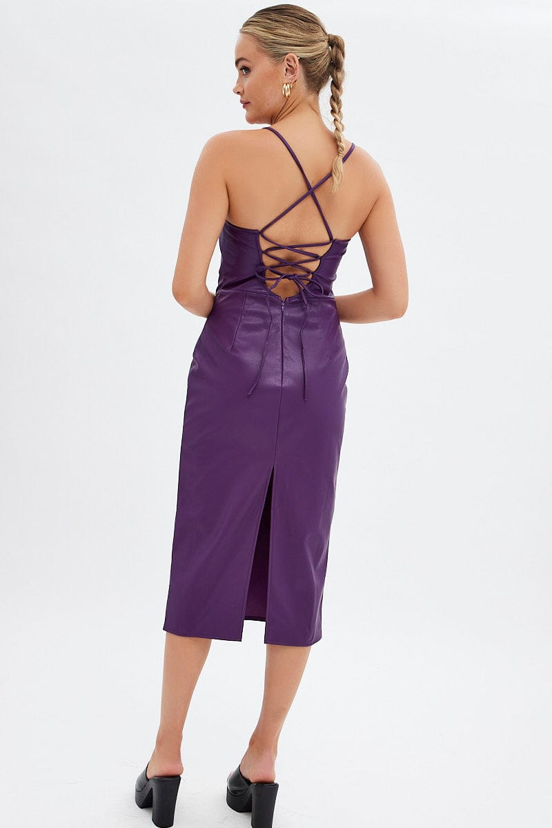 Purple Faux Leather Dress Sleeveless Scoop Neck Midi