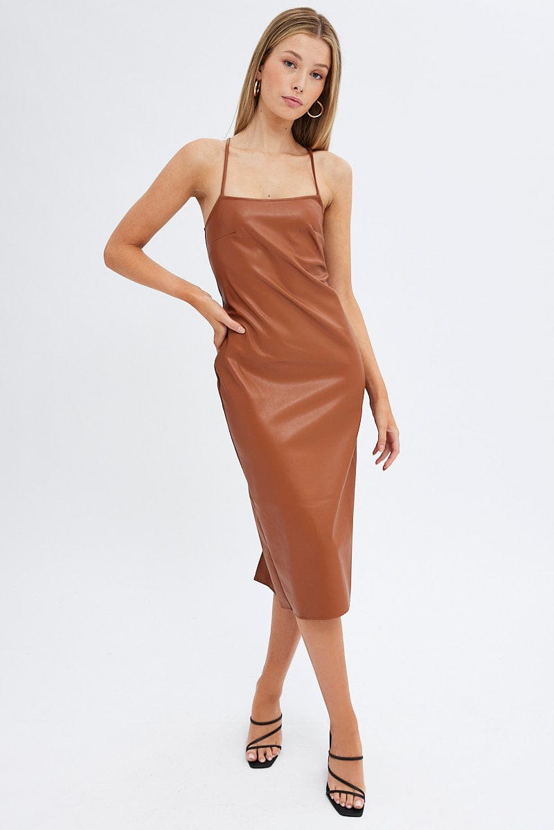 Beige Faux Leather Dress Sleeveless Scoop Neck Midi