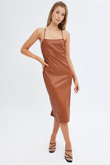 Beige Faux Leather Dress Sleeveless Scoop Neck Midi