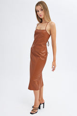 Beige Faux Leather Dress Sleeveless Scoop Neck Midi