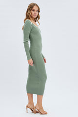 Green Midi Dress Long Sleeve Sweetheart Contrast Bind