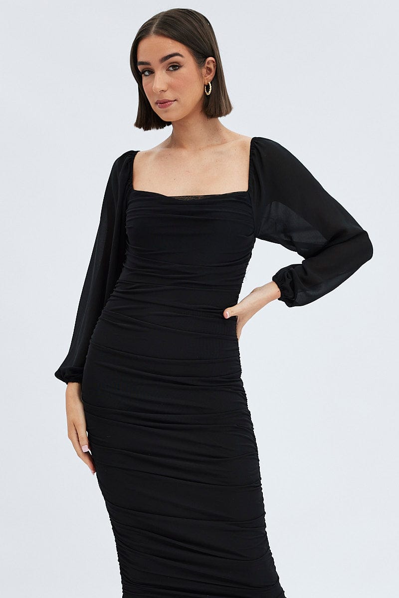 Black Midi Dress Long Sleeve Square Neck Ruched Bodycon