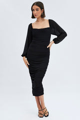 Black Midi Dress Long Sleeve Square Neck Ruched Bodycon