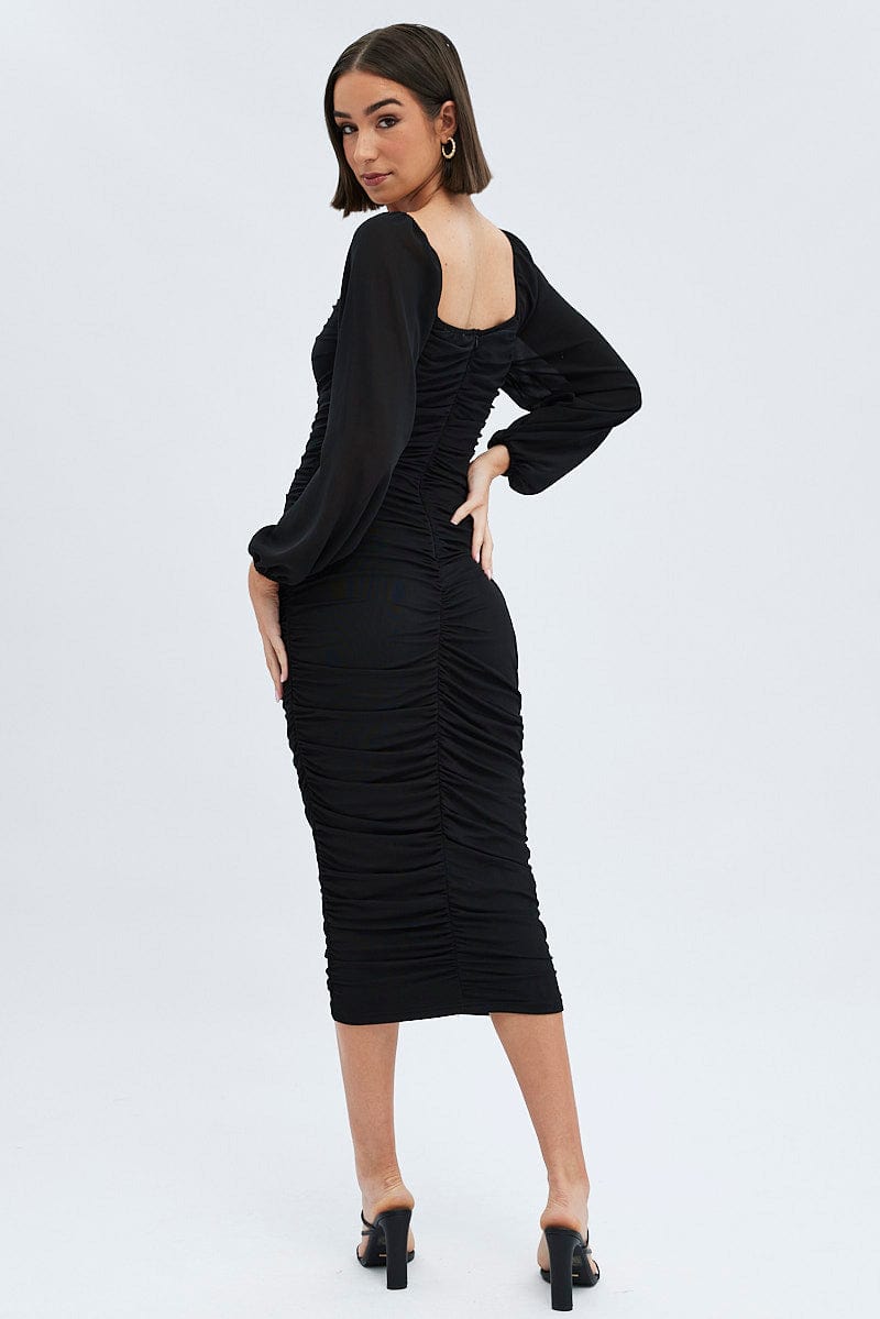 Black Midi Dress Long Sleeve Square Neck Ruched Bodycon