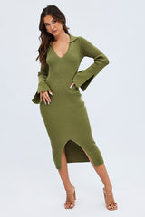 Green Midi Dress Long Sleeve V-Neck Collared Knit