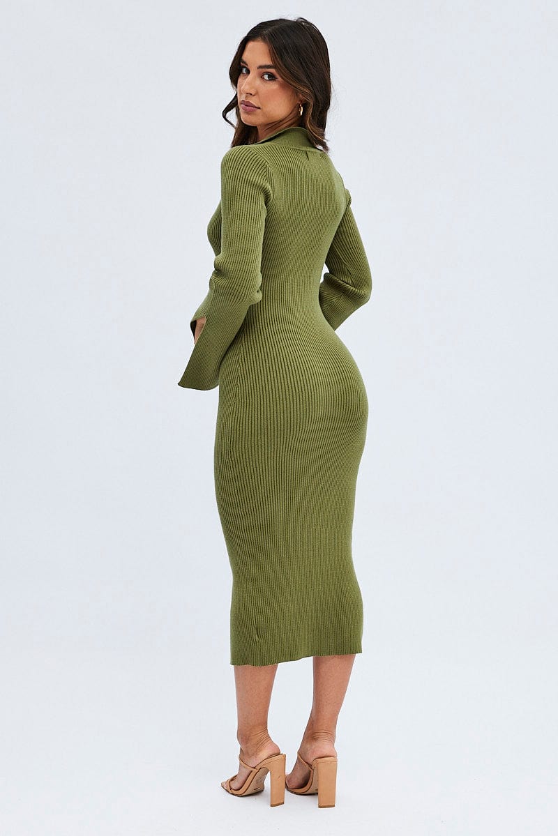 Green Midi Dress Long Sleeve V-Neck Collared Knit