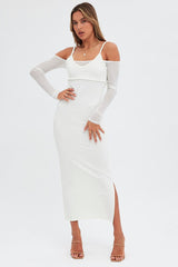 White Maxi Dress Long Sleeve Cold Shoulder Mesh Textured