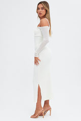 White Maxi Dress Long Sleeve Cold Shoulder Mesh Textured